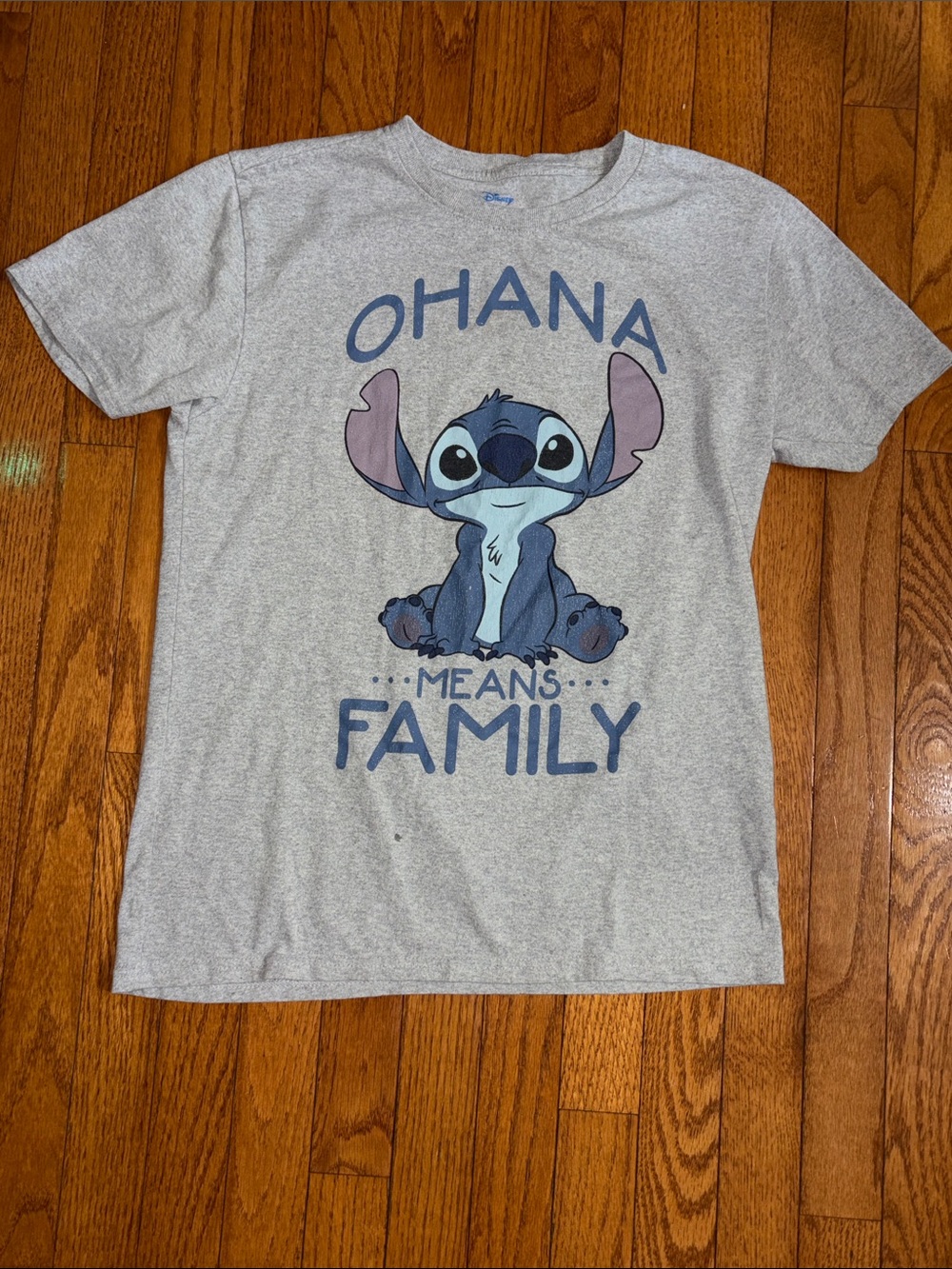 Disney Gray Short Sleeve Tee with Blue Stitch & 'Ohana' Graphic